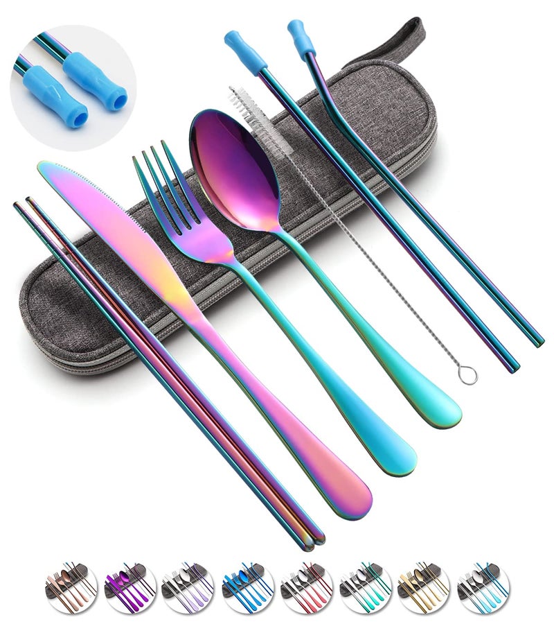 OASMU Travel Utensils Set with Case Reusable Portable Cutlery Set Stainless Steel 8pcs Including Dinner Knife Fork Spoon Chopsticks Straws(Rainbow) - Image 1